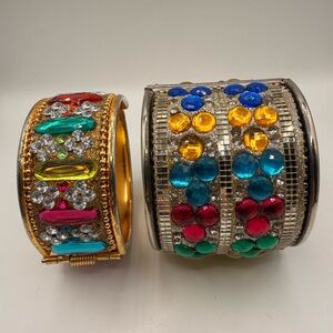 Vintage Set of 2 Multicolor Rhinestone Cuff Bangles – Statement Bracelets
